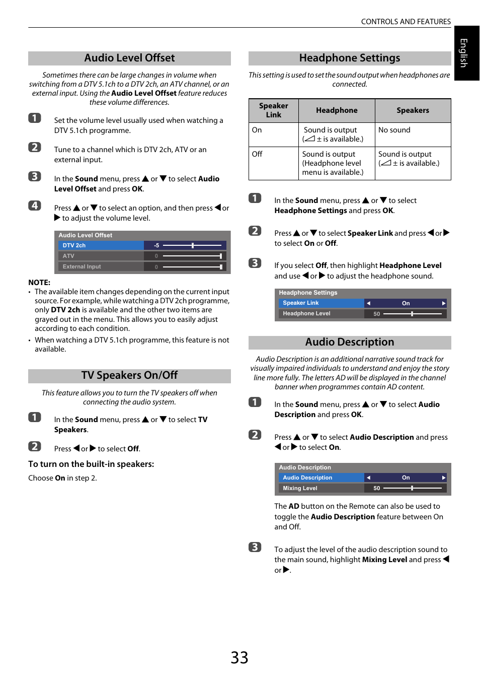 Audio level offset, Tv speakers on/off, Headphone settings | Audio description, Audio level offset tv speakers on/off | Toshiba ML933 User Manual | Page 33 / 91