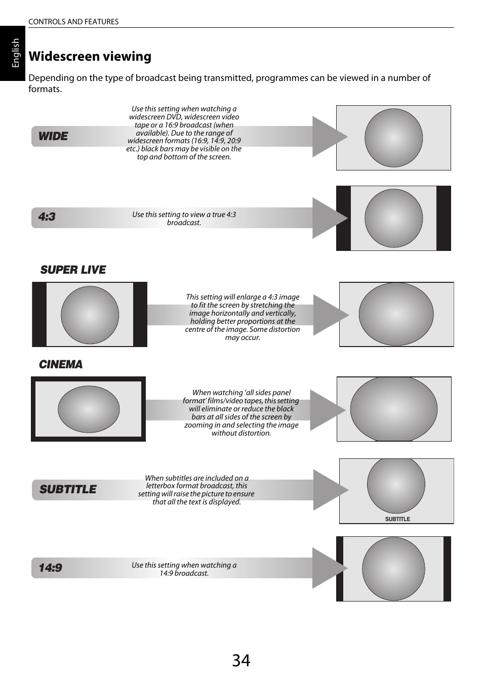 Widescreen viewing, Subtitle, Super live | Cinema, Wide | Toshiba ML933 User Manual | Page 34 / 91