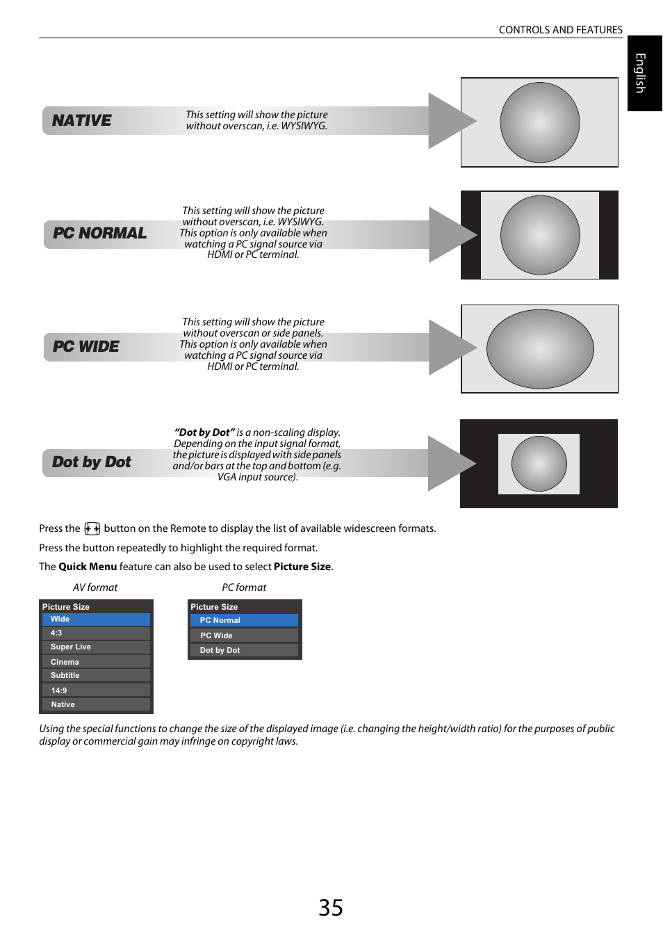 Dot by dot pc normal, Pc wide, Native | Engl ish | Toshiba ML933 User Manual | Page 35 / 91