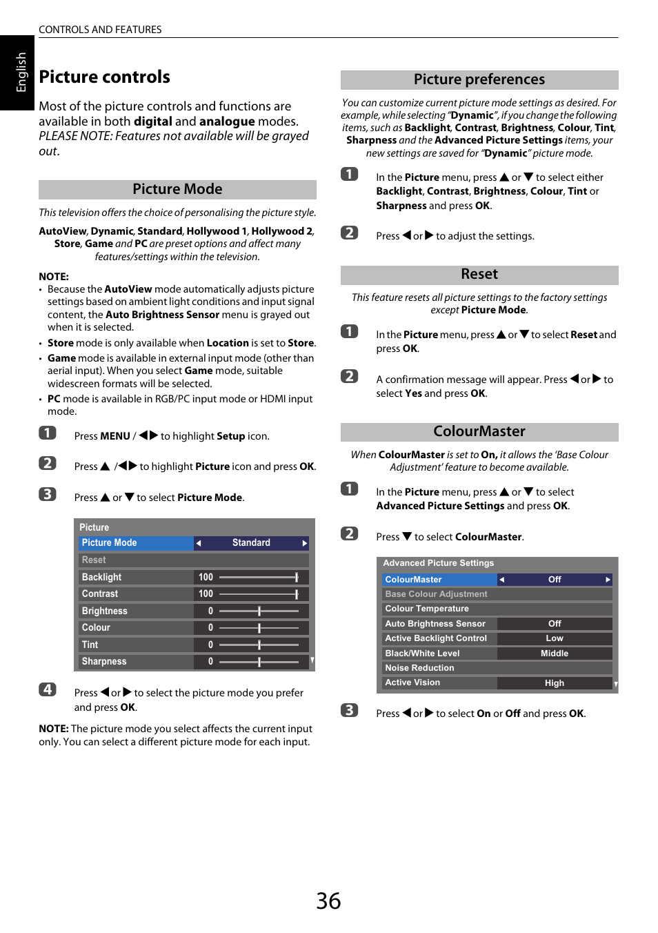 Picture controls, Picture mode, Picture preferences | Reset, Colourmaster, Picture preferences reset colourmaster | Toshiba ML933 User Manual | Page 36 / 91