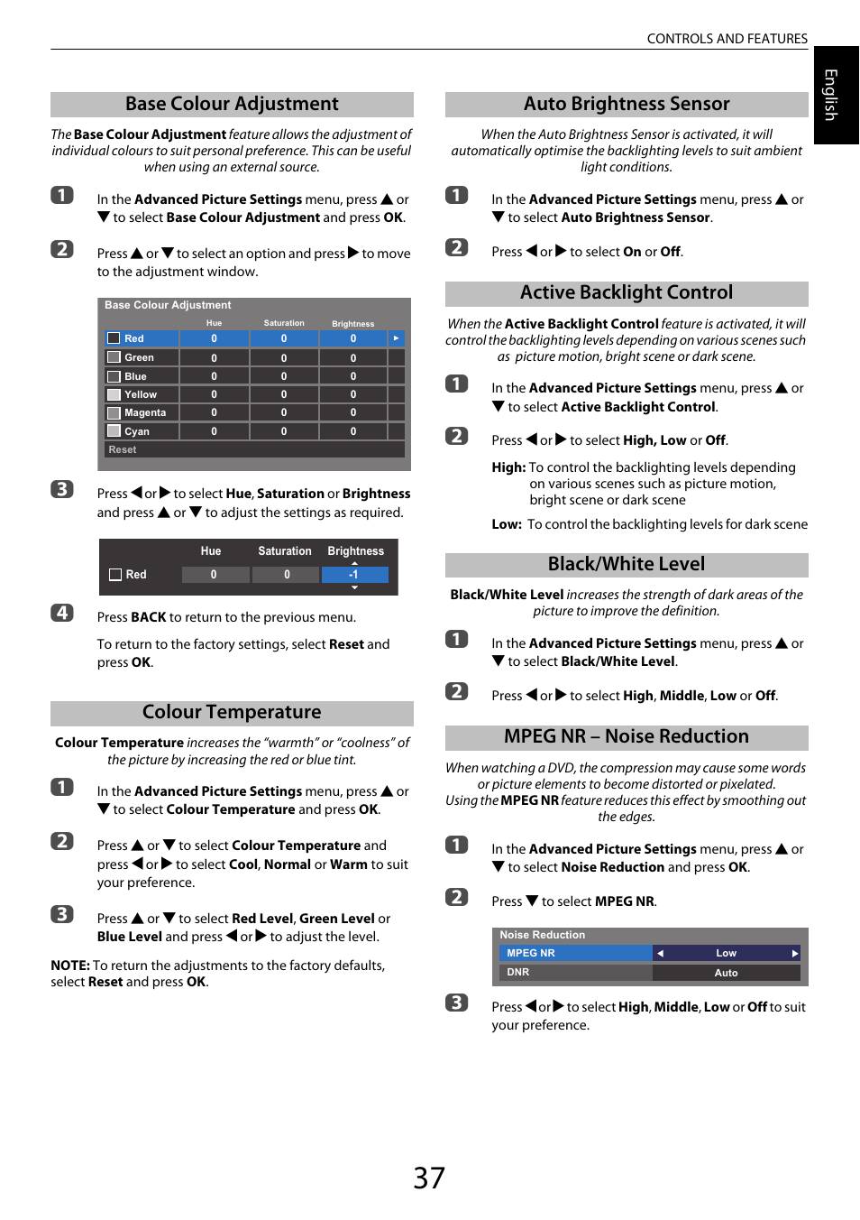 Base colour adjustment, Colour temperature, Auto brightness sensor | Active backlight control, Black/white level, Mpeg nr – noise reduction, Base colour adjustment colour temperature | Toshiba ML933 User Manual | Page 37 / 91