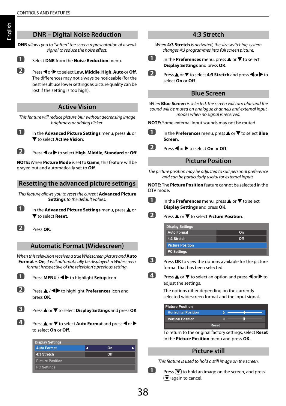 Dnr – digital noise reduction, Active vision, Resetting the advanced picture settings | Automatic format (widescreen), 3 stretch, Blue screen, Picture position, Picture still | Toshiba ML933 User Manual | Page 38 / 91