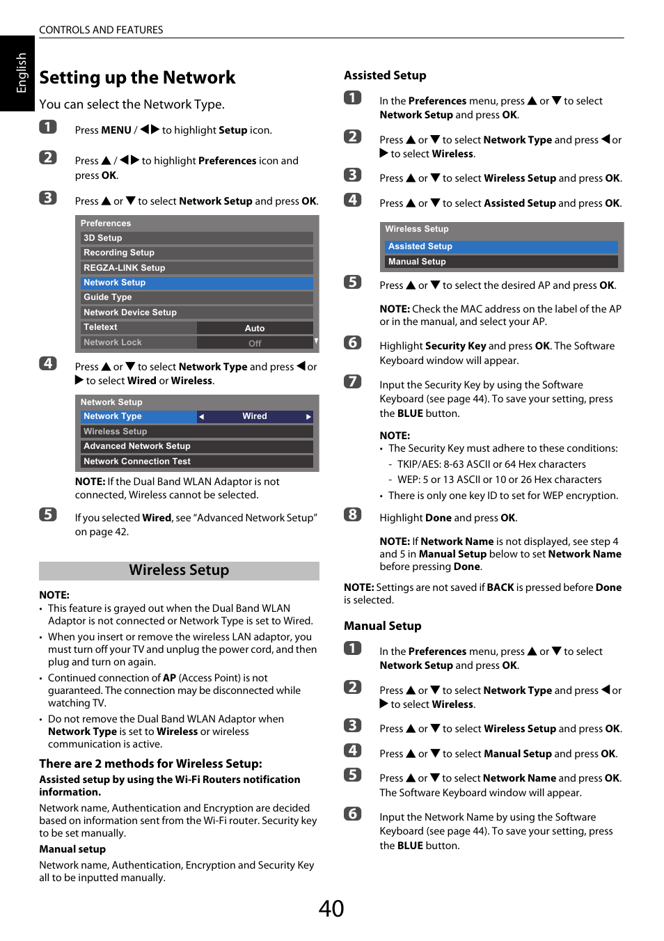 Setting up the network, Wireless setup | Toshiba ML933 User Manual | Page 40 / 91