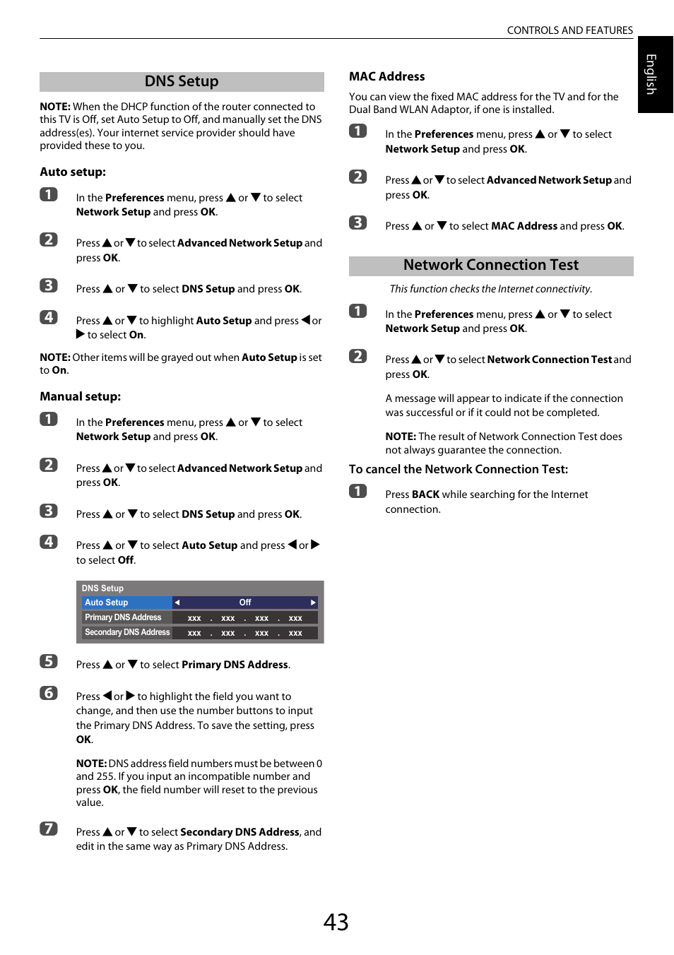 Dns setup, Network connection test, Dns setup network connection test | Toshiba ML933 User Manual | Page 43 / 91