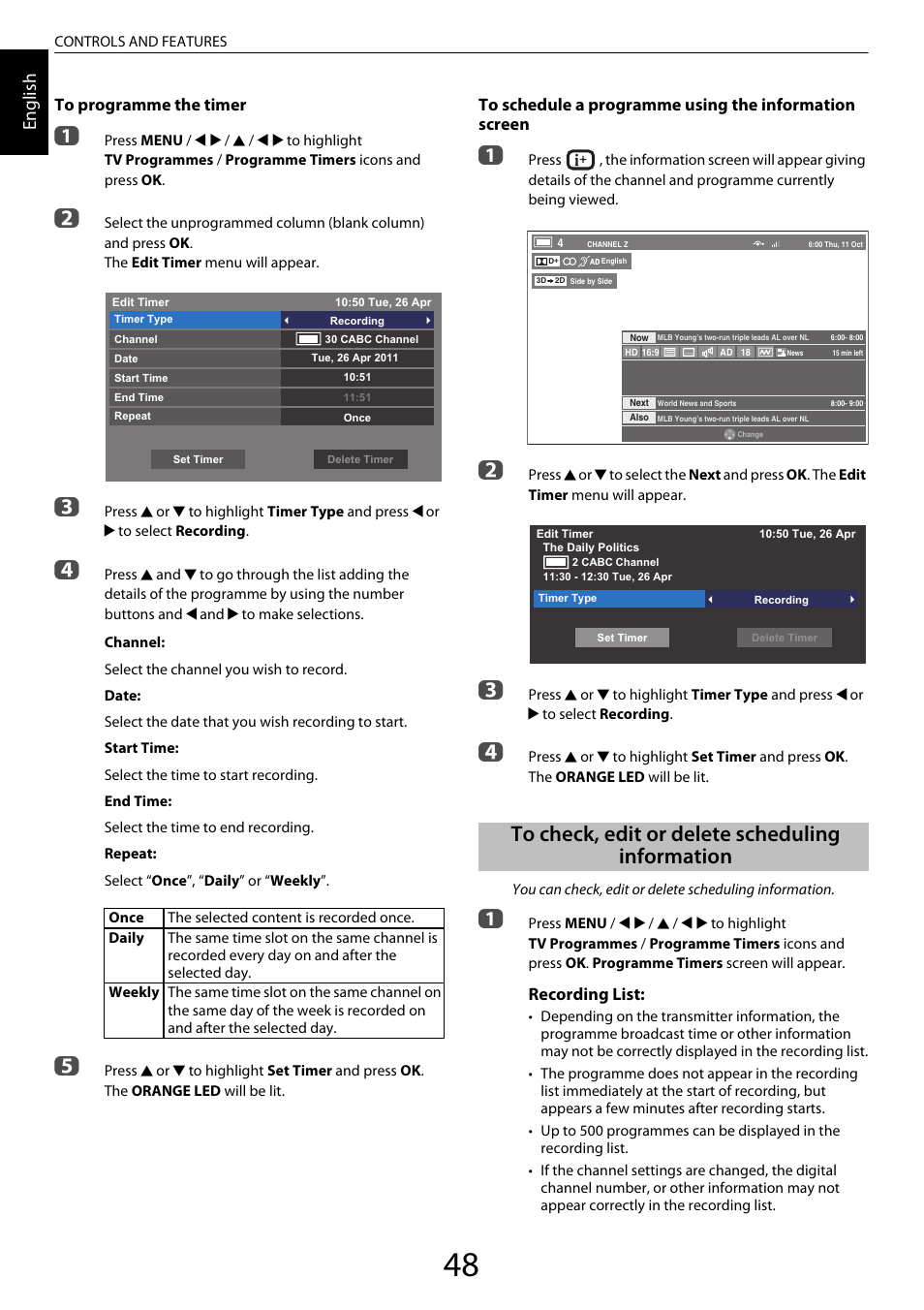 To check, edit or delete scheduling information, En glis h, Recording list | Toshiba ML933 User Manual | Page 48 / 91