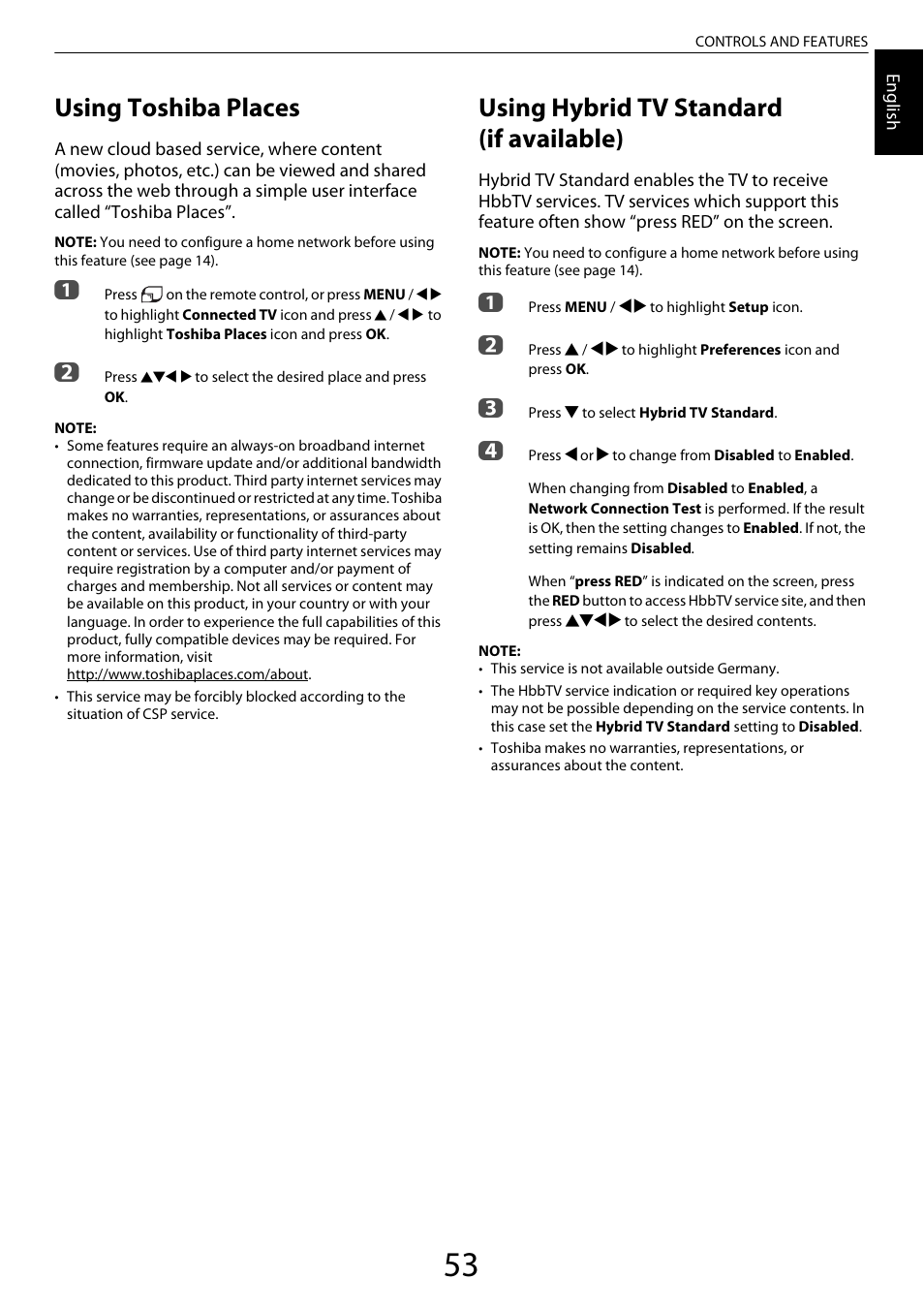 Using toshiba places, Using hybrid tv standard (if available) | Toshiba ML933 User Manual | Page 53 / 91