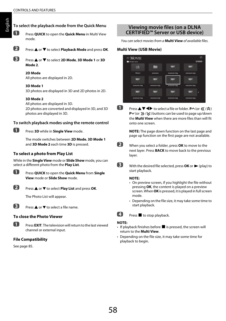 Viewing movie files, On a dlna certified™ server or usb device) | Toshiba ML933 User Manual | Page 58 / 91