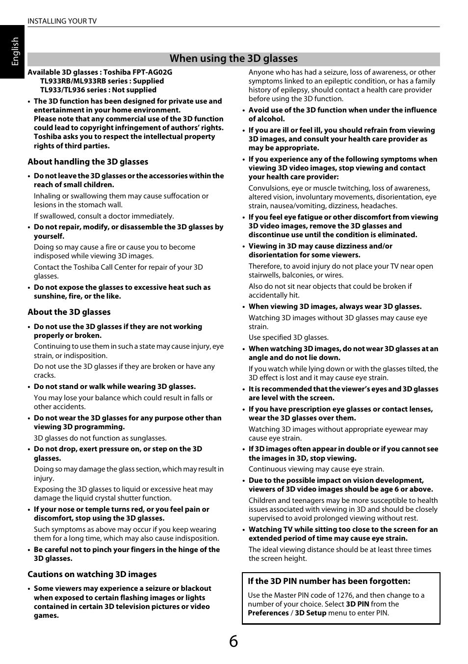 When using the 3d glasses | Toshiba ML933 User Manual | Page 6 / 91