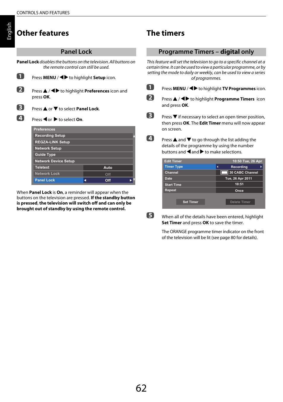 Other features, Panel lock, The timers | Programme timers – digital only | Toshiba ML933 User Manual | Page 62 / 91