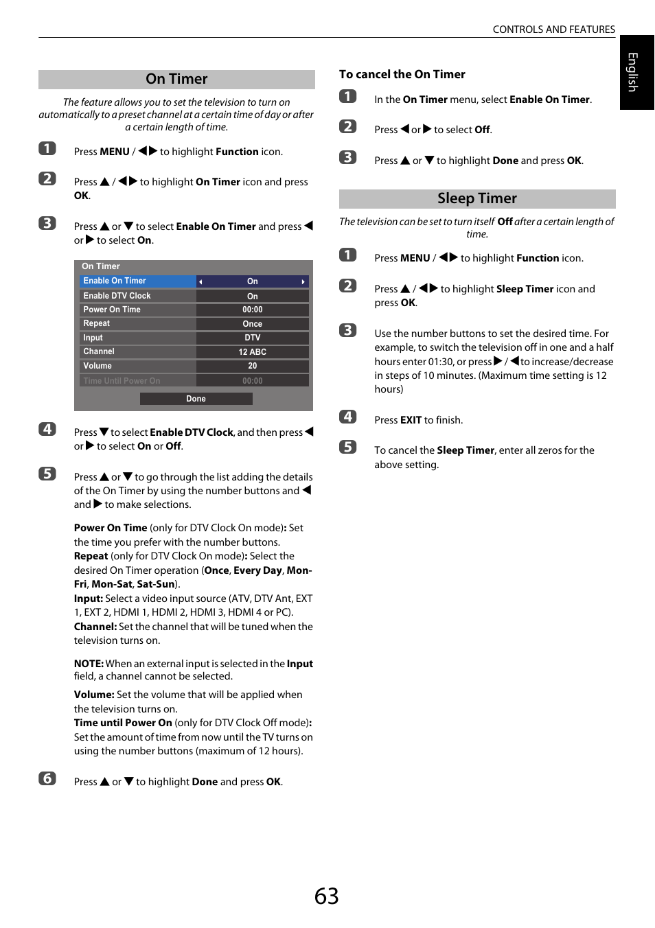 On timer, Sleep timer, On timer sleep timer | Toshiba ML933 User Manual | Page 63 / 91