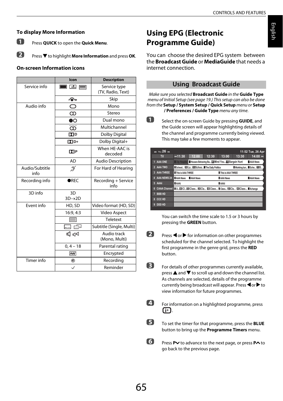 Using epg (electronic programme guide), Using broadcast guide, Engl ish | On-screen information icons | Toshiba ML933 User Manual | Page 65 / 91