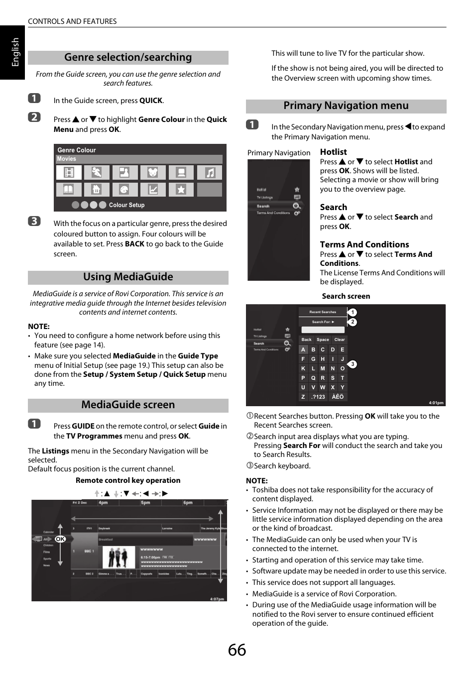 Genre selection/searching, Using mediaguide, Mediaguide screen | Primary navigation menu, En glis h, Hotlist, Search, Terms and conditions | Toshiba ML933 User Manual | Page 66 / 91