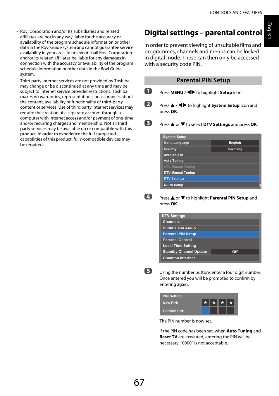 Digital settings – parental control, Parental pin setup | Toshiba ML933 User Manual | Page 67 / 91