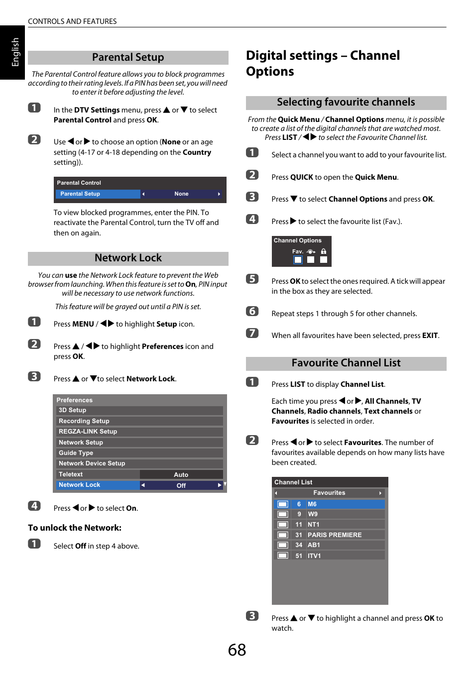 Parental setup, Network lock, Digital settings – channel options | Selecting favourite channels, Favourite channel list, Parental setup network lock | Toshiba ML933 User Manual | Page 68 / 91