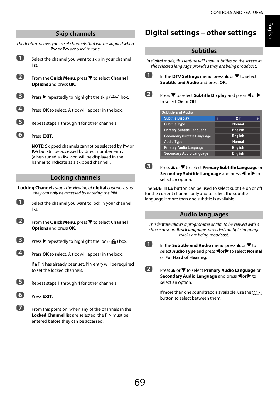 Skip channels, Locking channels, Digital settings – other settings | Subtitles, Audio languages, Skip channels locking channels | Toshiba ML933 User Manual | Page 69 / 91