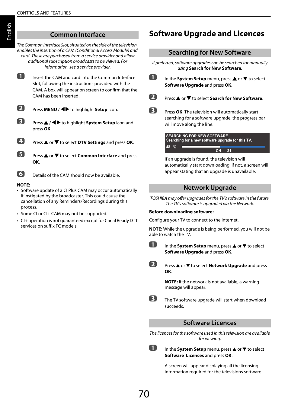 Common interface, Software upgrade and licences, Searching for new software | Network upgrade, Software licences | Toshiba ML933 User Manual | Page 70 / 91
