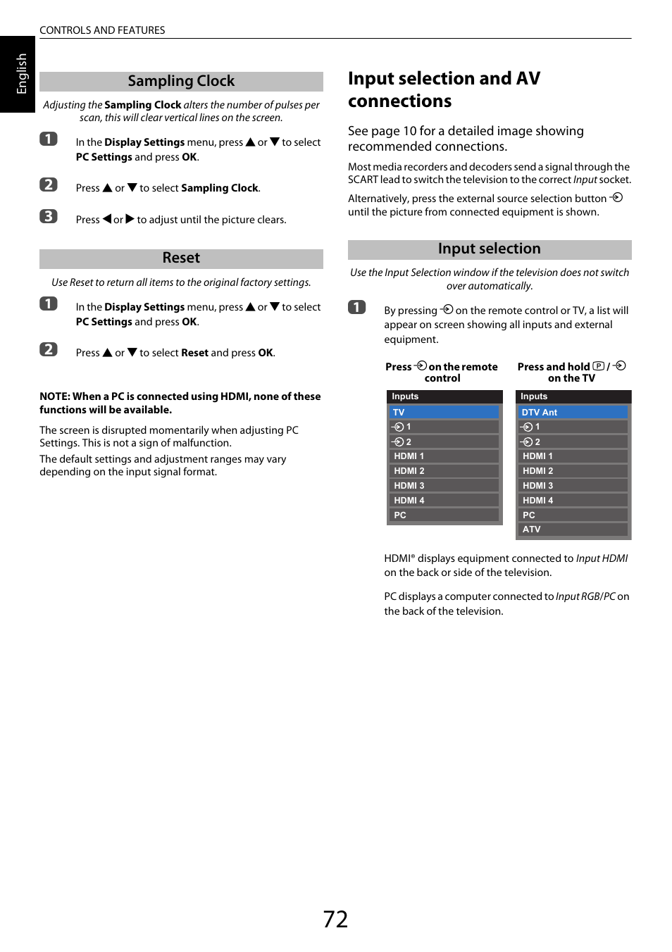 Sampling clock, Reset, Input selection and av connections | Input selection, Sampling clock reset, Sampling clock reset input selection | Toshiba ML933 User Manual | Page 72 / 91