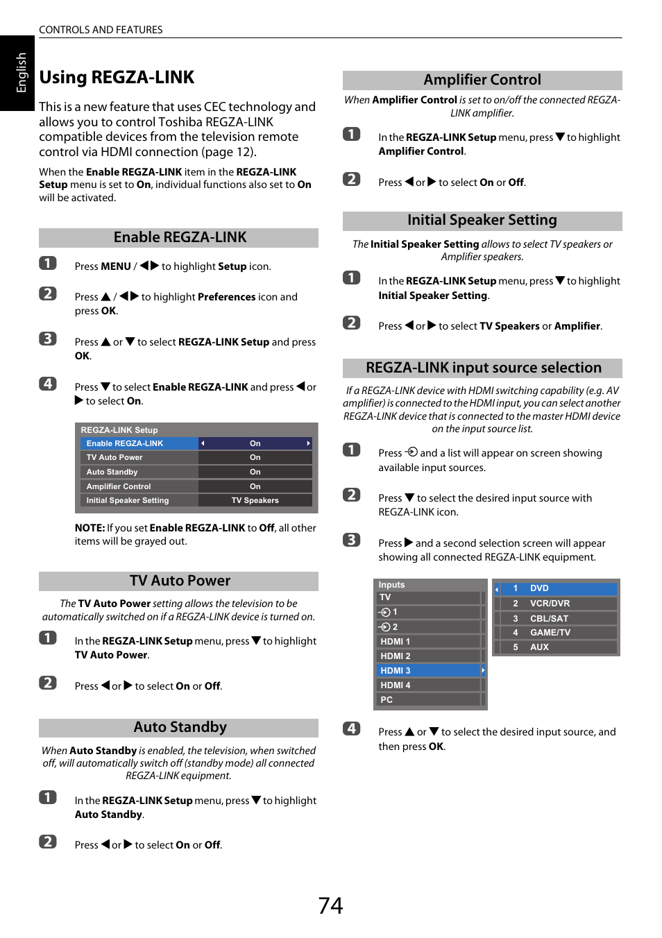 Using regza-link, Enable regza-link, Tv auto power | Auto standby, Amplifier control, Initial speaker setting, Regza-link input source selection, Enable regza-link tv auto power auto standby | Toshiba ML933 User Manual | Page 74 / 91