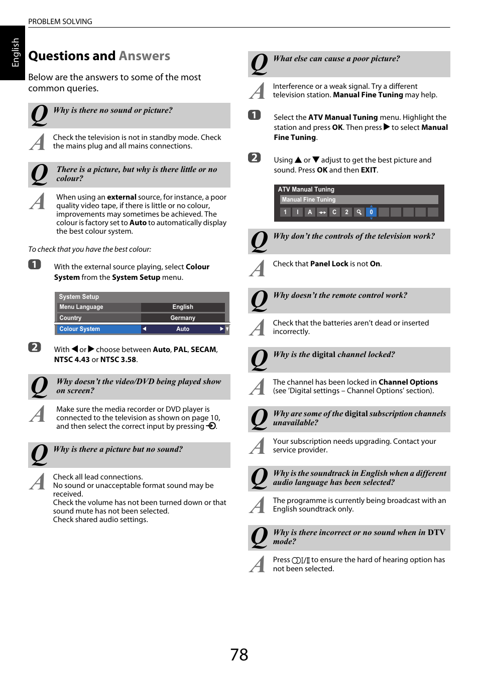 Problem solving, Questions and answers, Questions and | Answers | Toshiba ML933 User Manual | Page 78 / 91