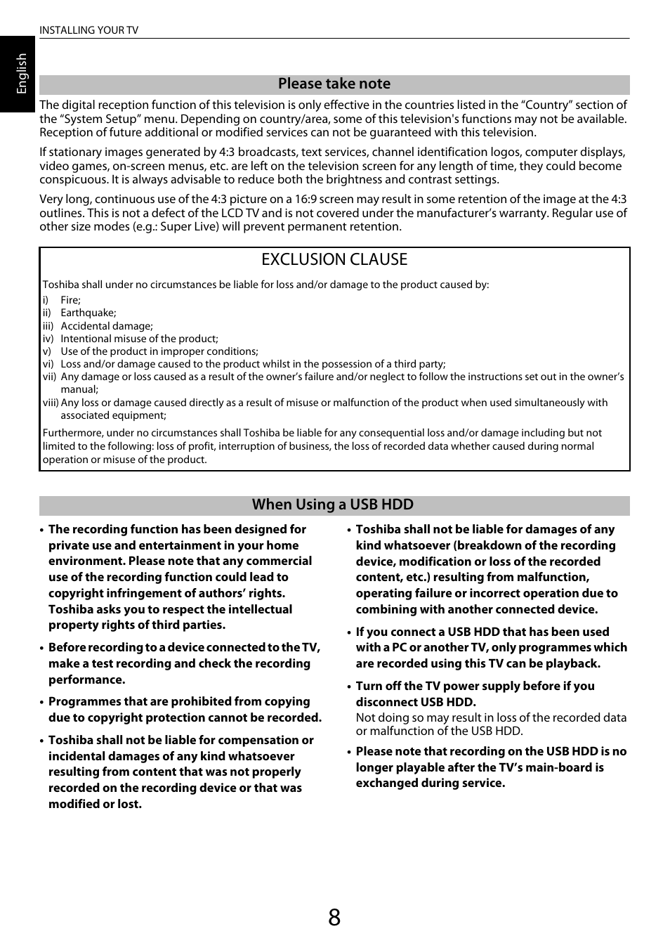 Exclusion clause, When using a usb hdd | Toshiba ML933 User Manual | Page 8 / 91