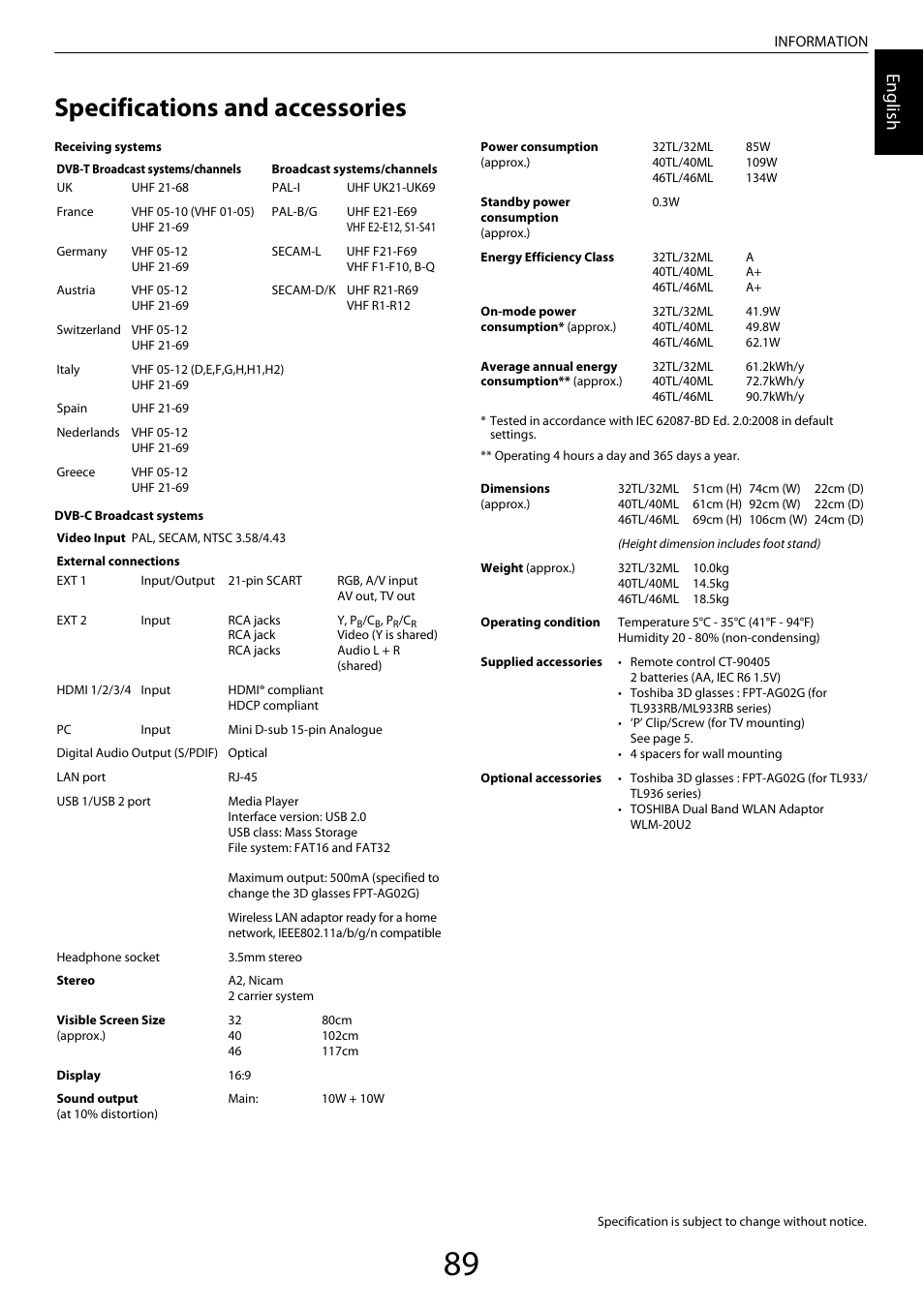 Specifications and accessories, Engl ish | Toshiba ML933 User Manual | Page 90 / 91