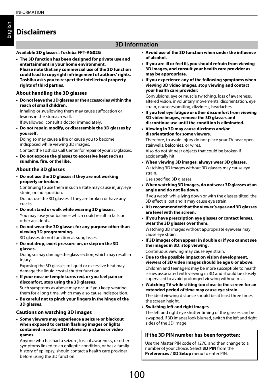 Disclaimers, 3d information | Toshiba TL969 User Manual | Page 100 / 102