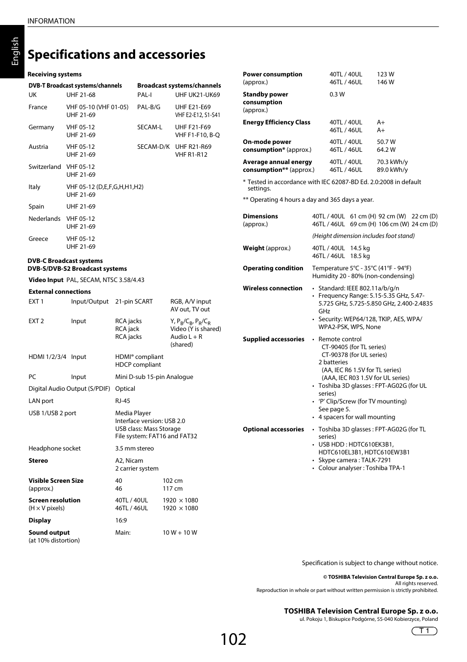 Specifications and accessories, En glis h | Toshiba TL969 User Manual | Page 102 / 102
