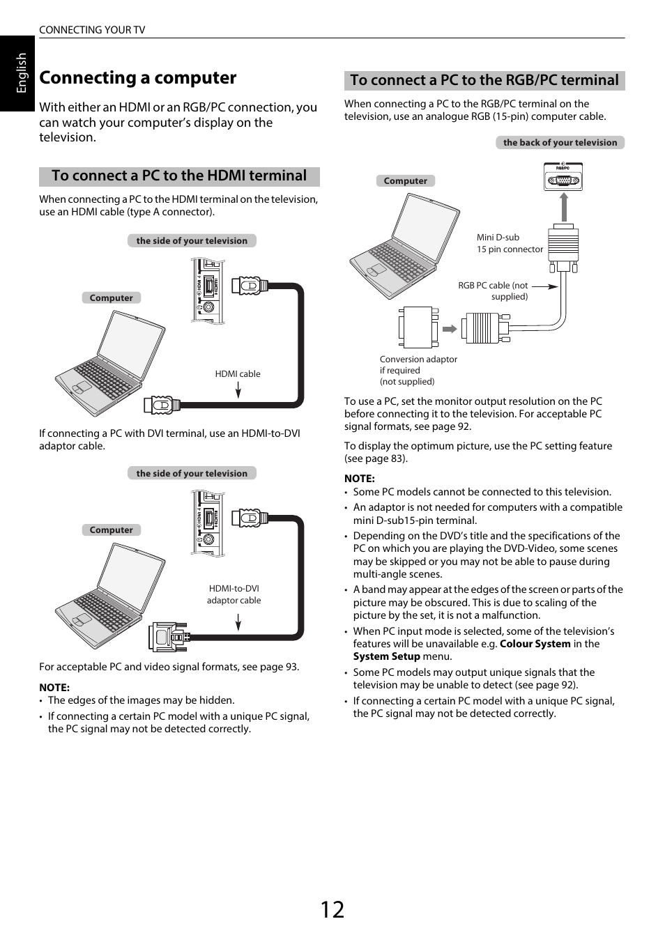 Connecting a computer, To connect a pc to the hdmi terminal, To connect a pc to the rgb/pc terminal | Toshiba TL969 User Manual | Page 12 / 102