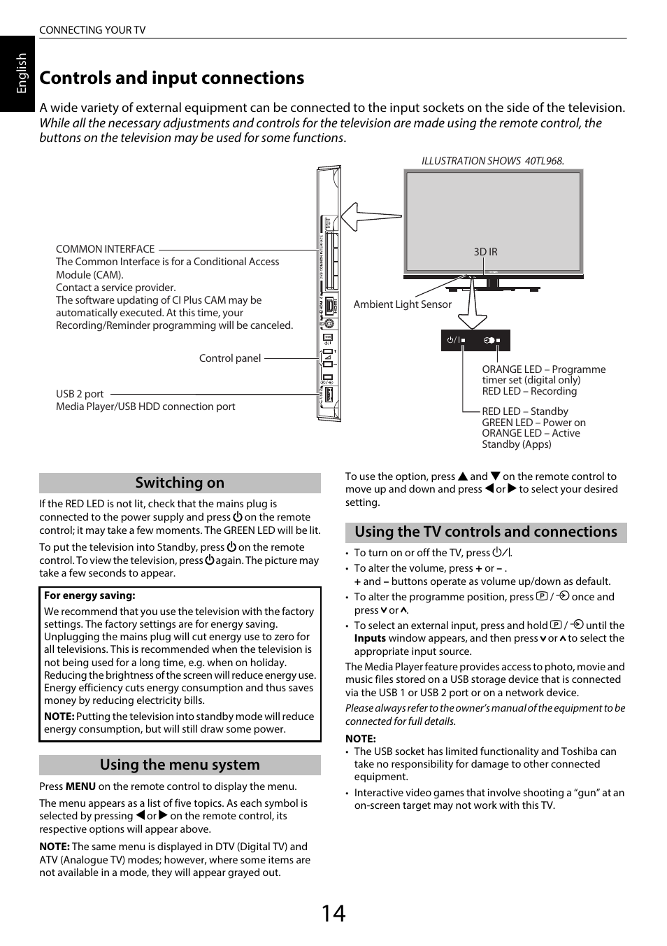 Controls and input connections, Switching on, Using the menu system | Using the tv controls and connections | Toshiba TL969 User Manual | Page 14 / 102