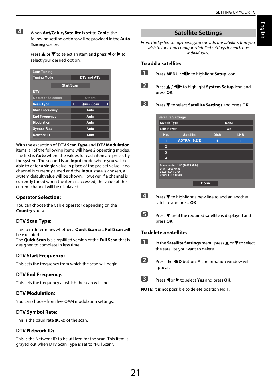 Satellite settings | Toshiba TL969 User Manual | Page 21 / 102