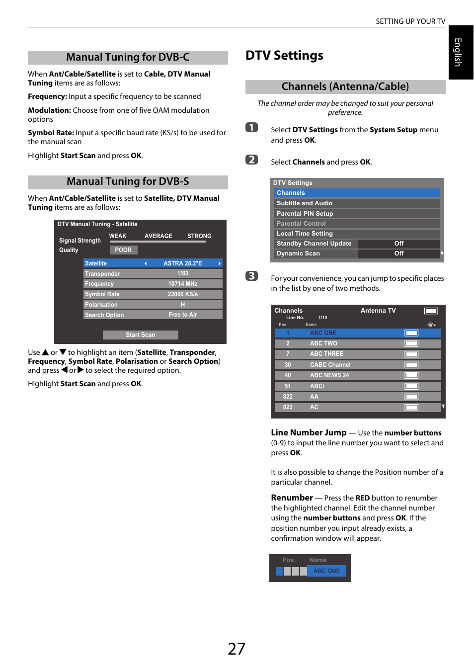 Manual tuning for dvb-c, Manual tuning for dvb-s, Dtv settings | Channels (antenna/cable), Manual tuning for dvb-c manual tuning for dvb-s, Engl ish, Line number jump, Renumber | Toshiba TL969 User Manual | Page 27 / 102