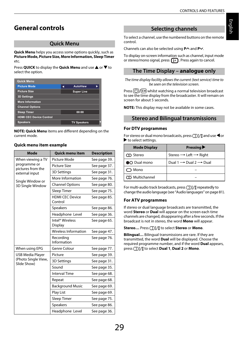 Controls and features, General controls, Quick menu | Selecting channels, The time display – analogue only, Stereo and bilingual transmissions, Engl ish | Toshiba TL969 User Manual | Page 29 / 102