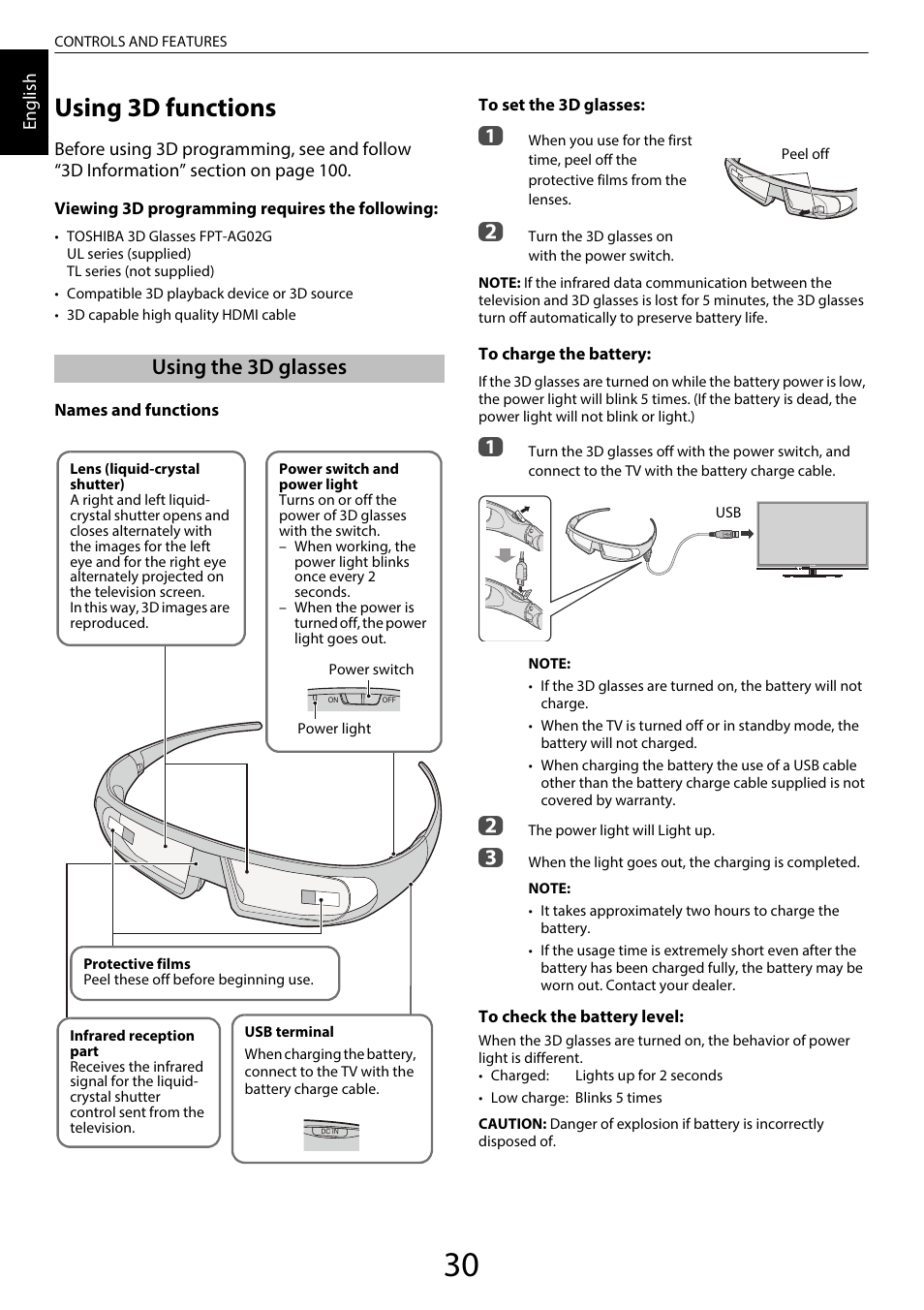 Using 3d functions, Using the 3d glasses | Toshiba TL969 User Manual | Page 30 / 102