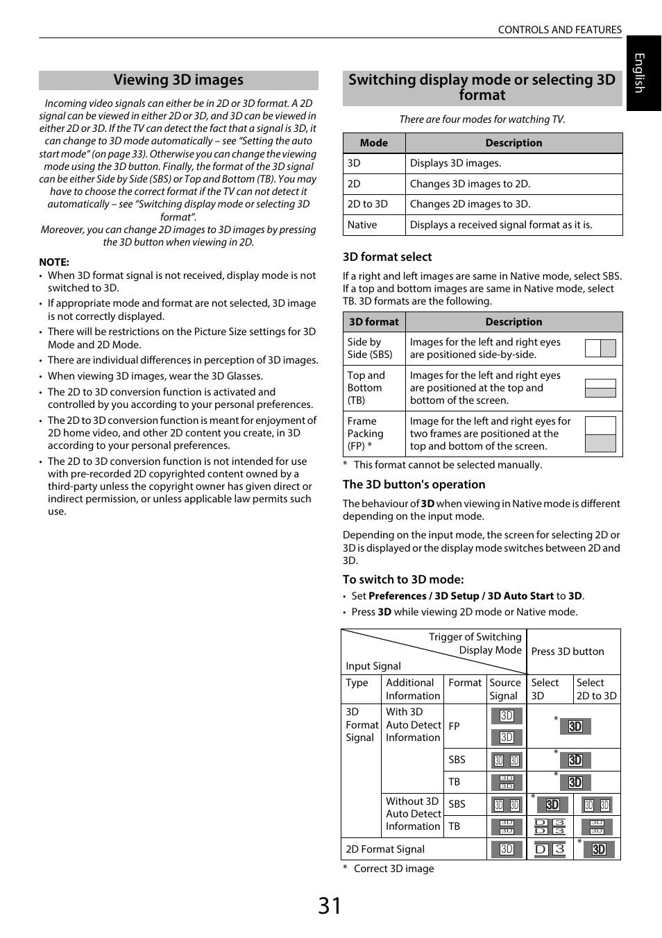 Viewing 3d images, Switching display mode or selecting 3d format, Engl ish | Toshiba TL969 User Manual | Page 31 / 102