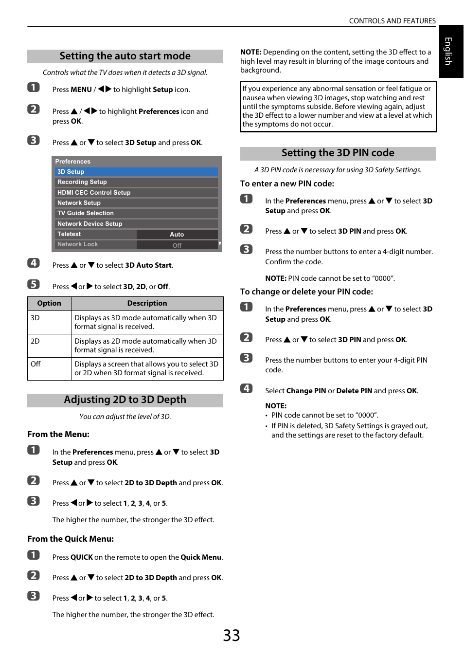 Setting the auto start mode, Adjusting 2d to 3d depth, Setting the 3d pin code | Ee “setting the auto | Toshiba TL969 User Manual | Page 33 / 102
