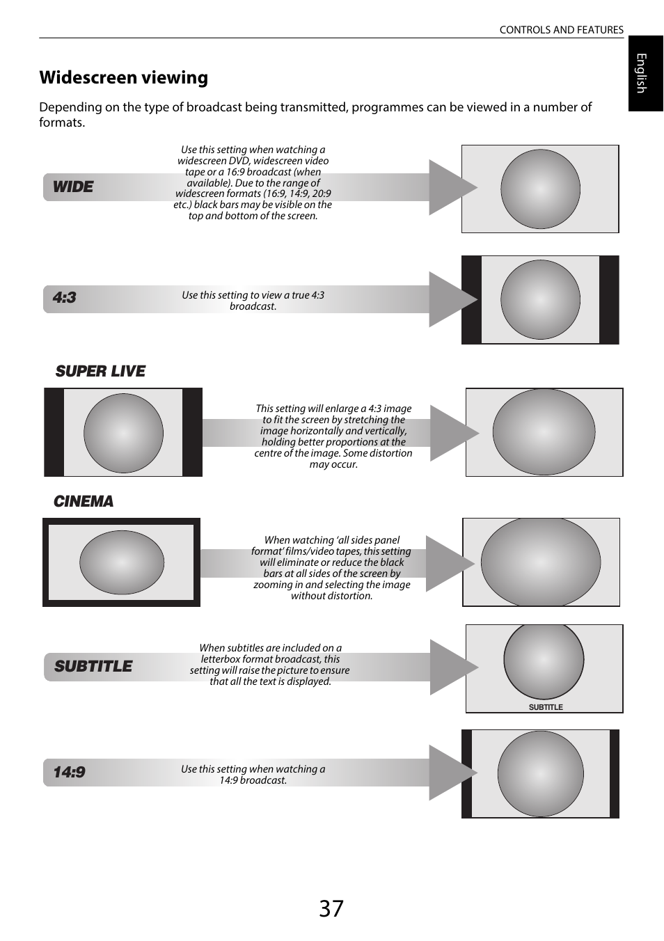 Widescreen viewing, Subtitle, Super live | Cinema, Wide | Toshiba TL969 User Manual | Page 37 / 102