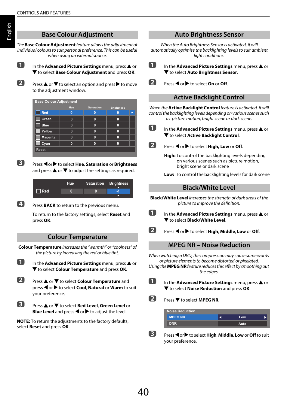 Base colour adjustment, Colour temperature, Auto brightness sensor | Active backlight control, Black/white level, Mpeg nr – noise reduction, Base colour adjustment colour temperature | Toshiba TL969 User Manual | Page 40 / 102