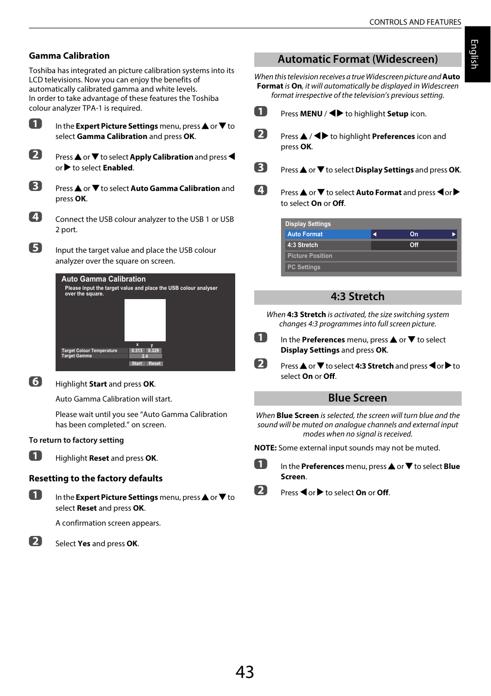 Automatic format (widescreen), 3 stretch, Blue screen | Toshiba TL969 User Manual | Page 43 / 102