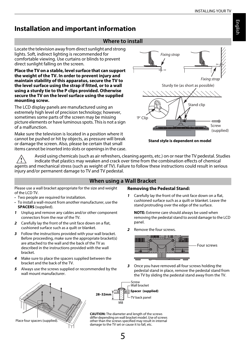 Installation and important information, Where to install, When using a wall bracket | Toshiba TL969 User Manual | Page 5 / 102