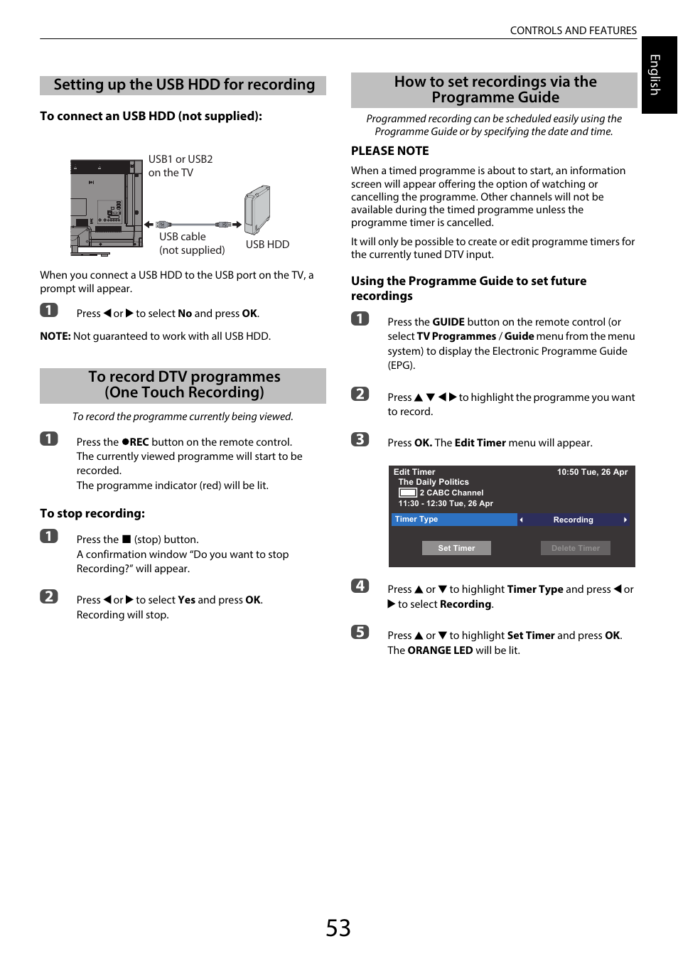 Setting up the usb hdd for recording, To record dtv programmes (one touch recording), How to set recordings via the programme guide | One touch recording) | Toshiba TL969 User Manual | Page 53 / 102