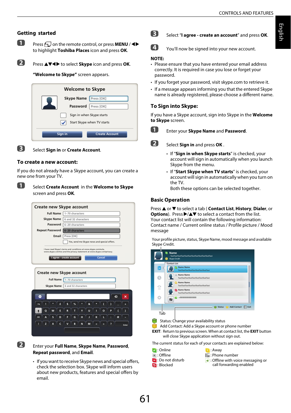 Engl ish, Getting started, Basic operation | Controls and features, Select sign in or create account, Enter your skype name and password | Toshiba TL969 User Manual | Page 61 / 102