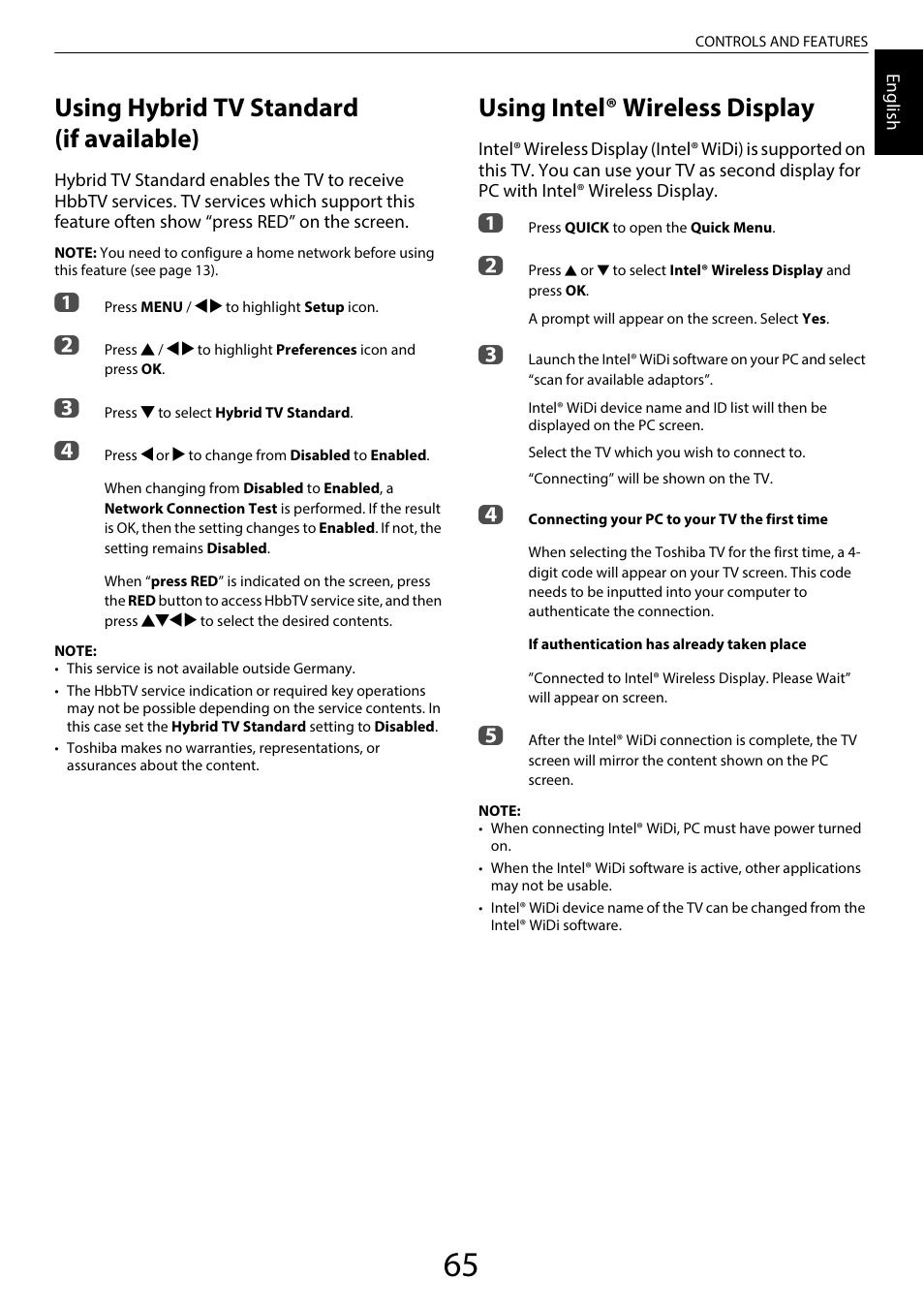 Using hybrid tv standard (if available), Using intel® wireless display | Toshiba TL969 User Manual | Page 65 / 102