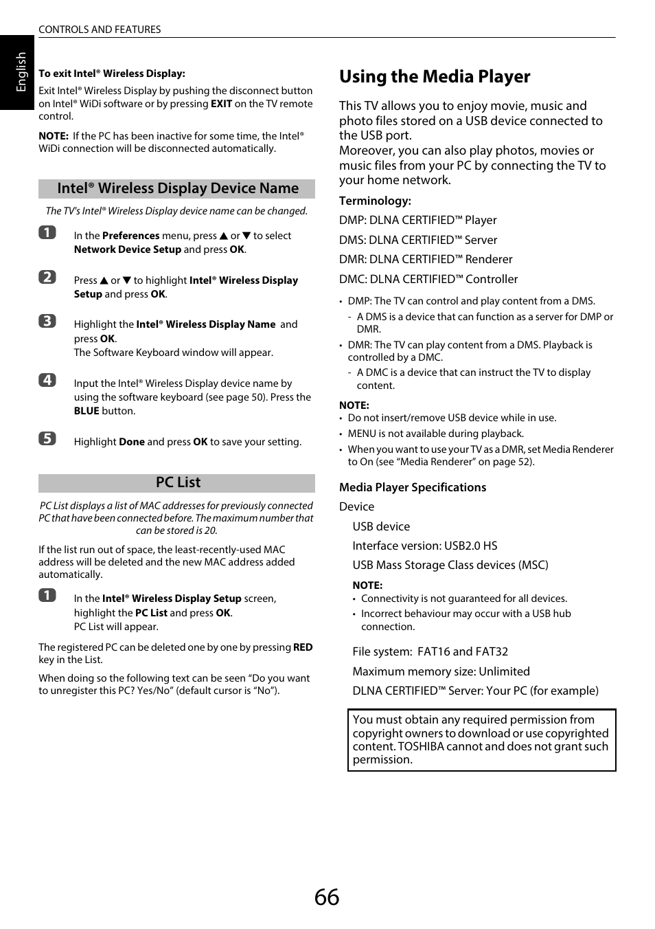 Intel® wireless display device name, Pc list, Using the media player | Intel® wireless display device name pc list | Toshiba TL969 User Manual | Page 66 / 102