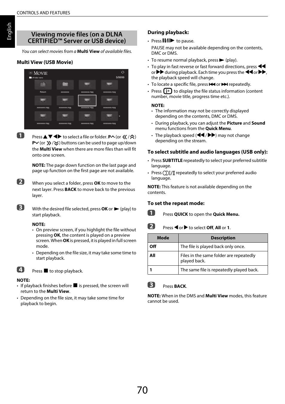 Viewing movie files, On a dlna certified™ server or usb device), En glis h | Toshiba TL969 User Manual | Page 70 / 102