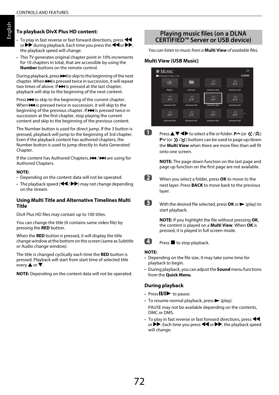 Playing music files, On a dlna certified™ server or usb device), En glis h | Toshiba TL969 User Manual | Page 72 / 102