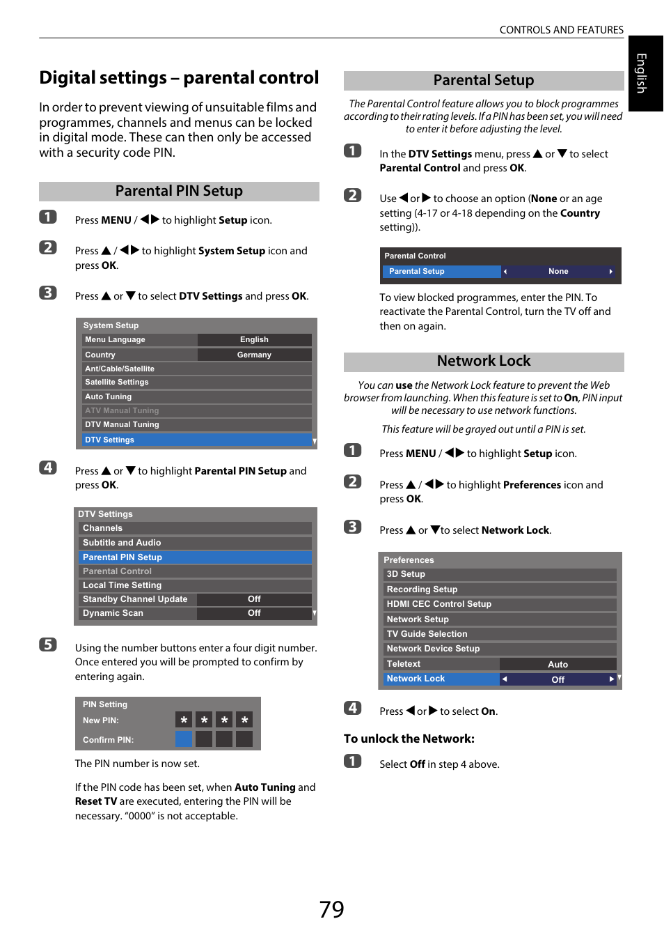 Digital settings – parental control, Parental pin setup, Parental setup | Network lock, Parental pin setup parental setup network lock, Parental setup network lock | Toshiba TL969 User Manual | Page 79 / 102