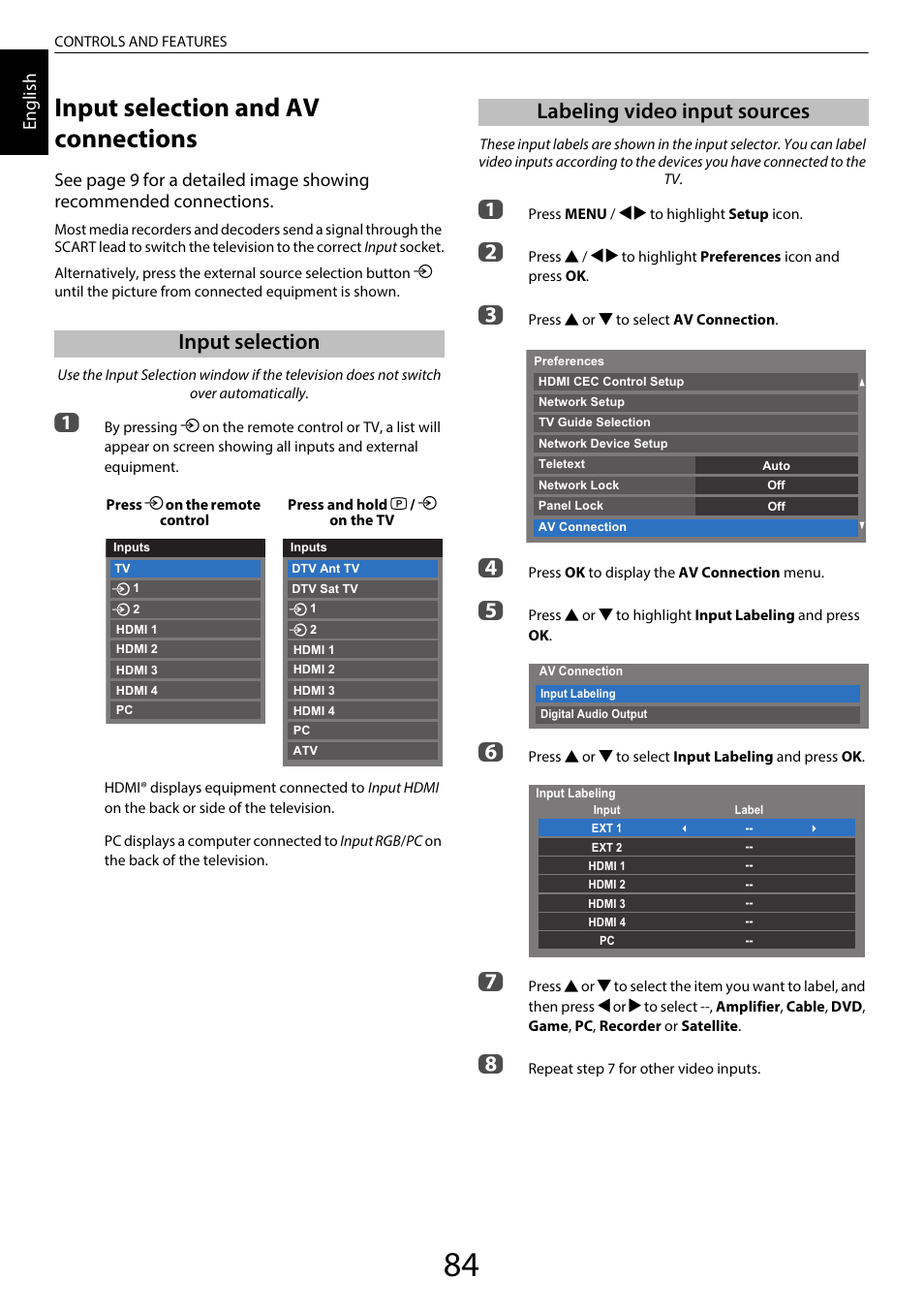 Input selection and av connections, Input selection, Labeling video input sources | Input selection labeling video input sources, En glis h | Toshiba TL969 User Manual | Page 84 / 102