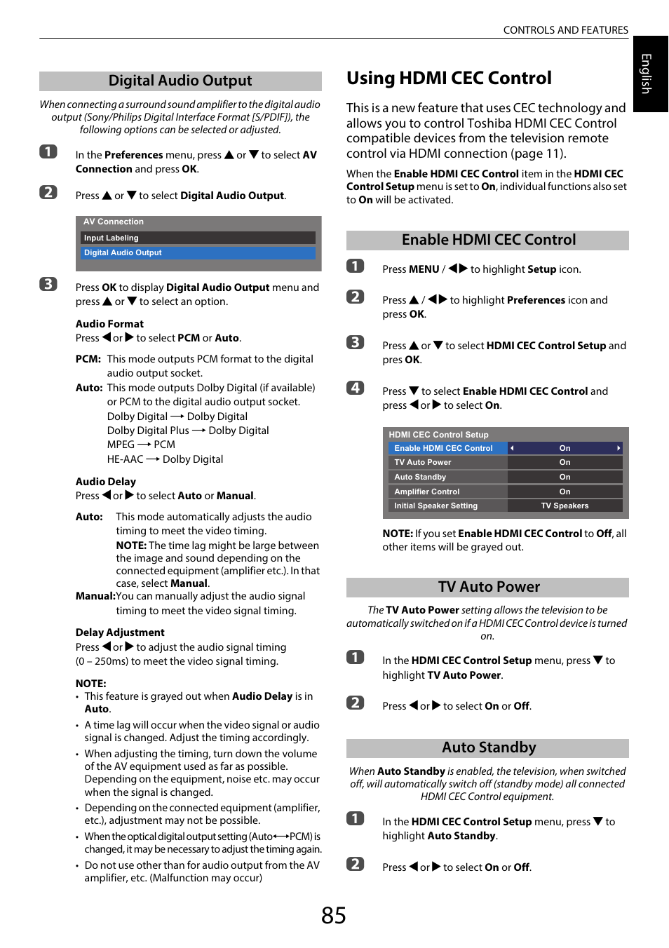 Digital audio output, Using hdmi cec control, Enable hdmi cec control | Tv auto power, Auto standby, Enable hdmi cec control tv auto power auto standby | Toshiba TL969 User Manual | Page 85 / 102