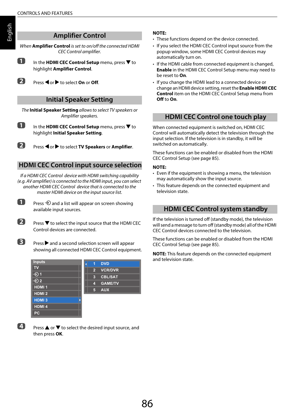 Amplifier control, Initial speaker setting, Hdmi cec control input source selection | Hdmi cec control one touch play, Hdmi cec control system standby, Ge 86 | Toshiba TL969 User Manual | Page 86 / 102