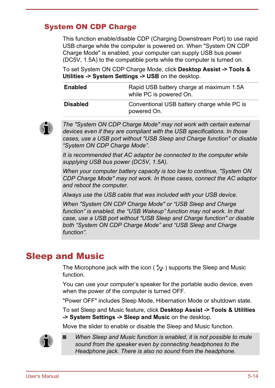 System on cdp charge, Sleep and music, Sleep and music -14 | Toshiba Satellite P50-B User Manual | Page 102 / 148